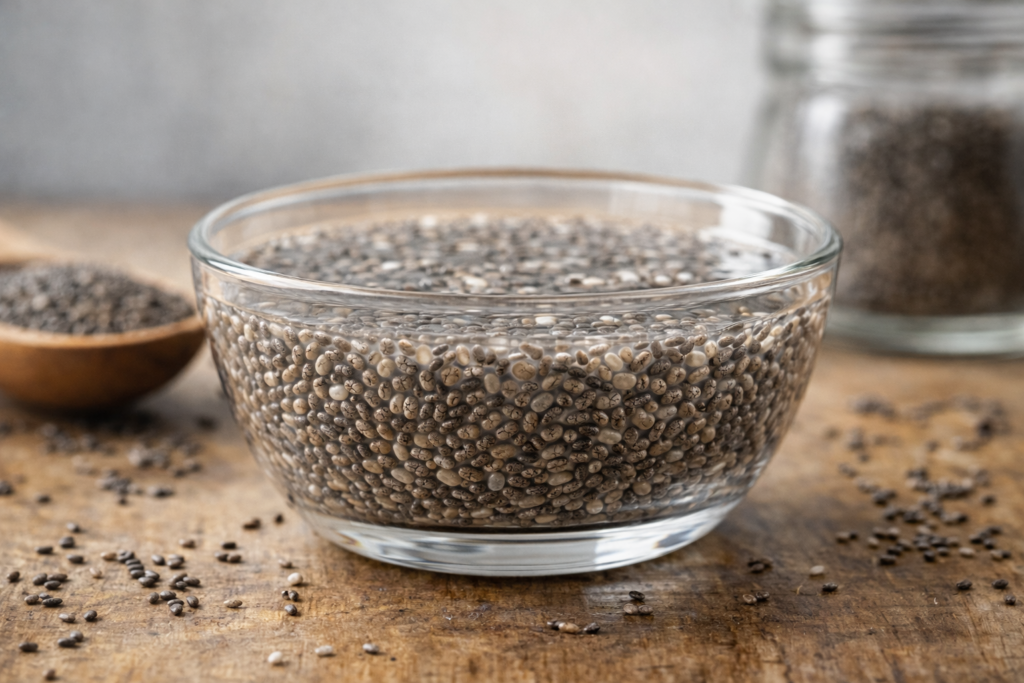 sementes de chia hidratadas em recipiente de vidro sobre superfície de madeira