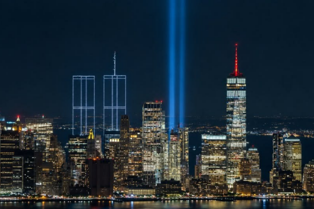 MEMÓRIA: Drones Recriam Torres Gêmeas no Céu de Nova York em Homenagem às Vítimas do 11 de Setembro